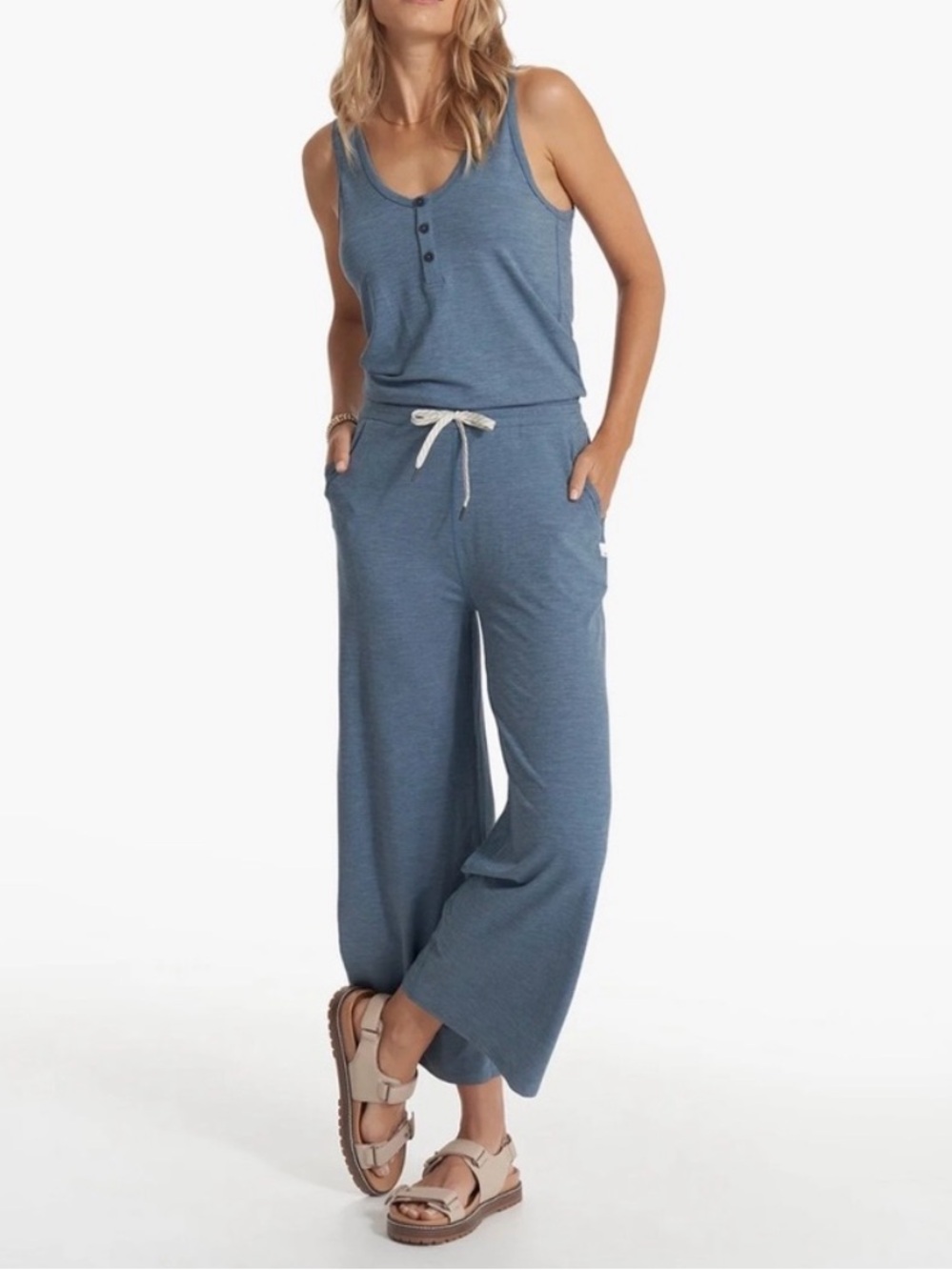 Vuori Slate Blue Wide-Leg Drawstring Jumpsuit